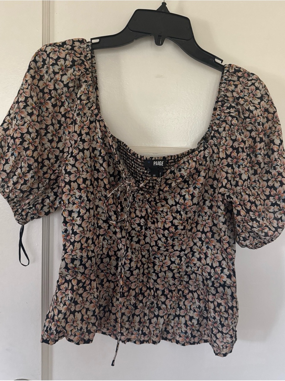 PAIGE Black Floral Square-Neck Blouse with Pink & Cream Flowers